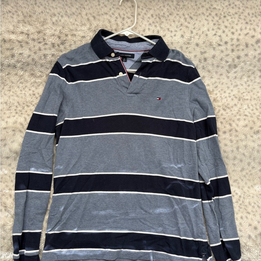 Tommy Hilfiger Men's Long-Sleeve Polo - Navy, Gray & White Stripes